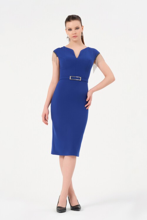 Zincir Detaylı Kemerli Midi Elbise - 1200