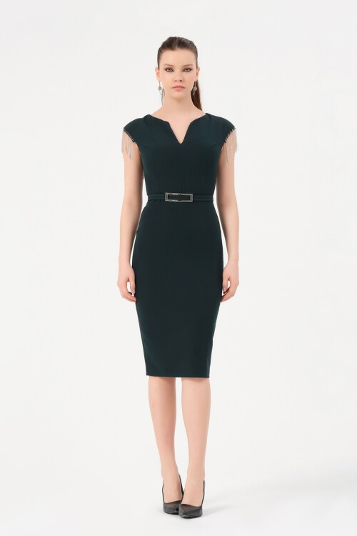 Zincir Detaylı Kemerli Midi Elbise - 1200