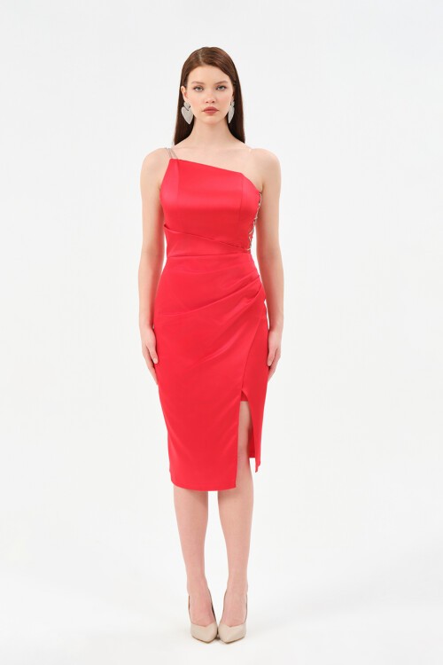 Zincir Detaylı Tek Omuzlu Midi Elbise - 1537