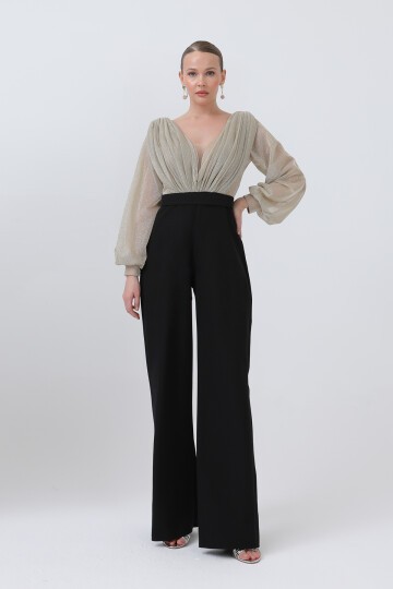 Göğüs Drape Simli Tulum - 1656
