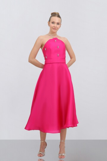 Halter Yaka Taş Midi Elbise - 1790
