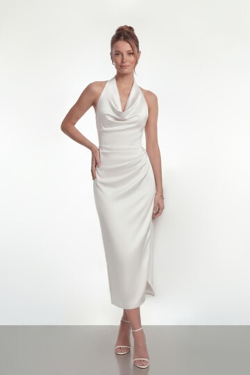 Saten Halter Yaka Drapeli Midi Abiye - 2084