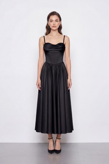 Askılı Drapeli Midi Elbise - 2070