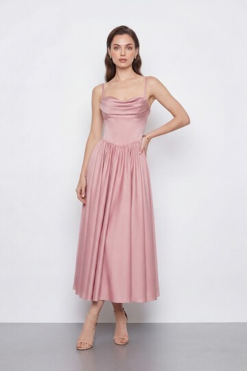 Askılı Drapeli Midi Elbise - 2070