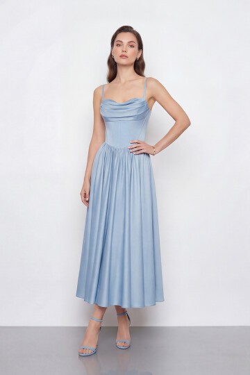 Askılı Drapeli Midi Elbise - 2070