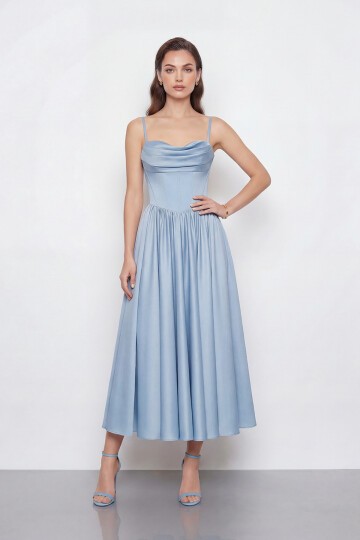 Askılı Drapeli Midi Elbise - 2070