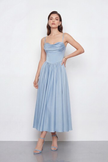 Askılı Drapeli Midi Elbise - 2070