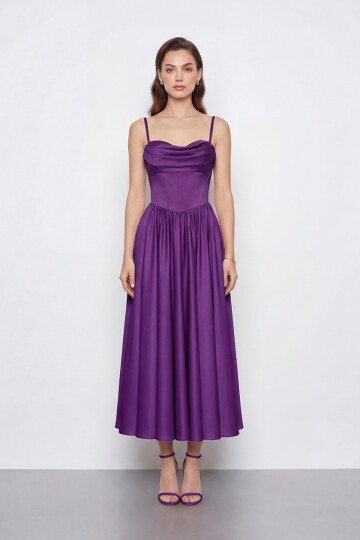 Askılı Drapeli Midi Elbise - 2070