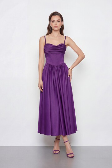 Askılı Drapeli Midi Elbise - 2070