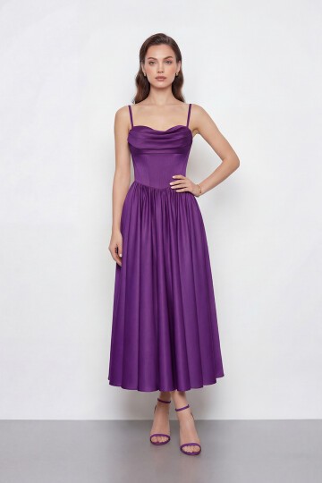 Askılı Drapeli Midi Elbise - 2070