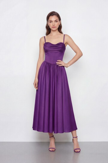 Askılı Drapeli Midi Elbise - 2070