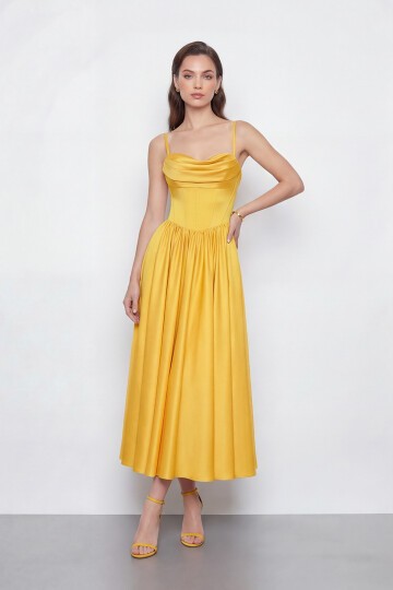 Askılı Drapeli Midi Elbise - 2070