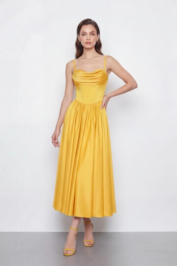 Askılı Drapeli Midi Elbise - 2070