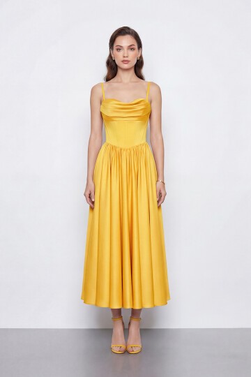 Askılı Drapeli Midi Elbise - 2070