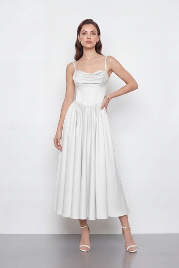 Askılı Drapeli Midi Elbise - 2070