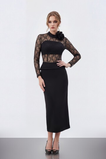 Dantel Büstiyer Detaylı Midi Elbise - 2041
