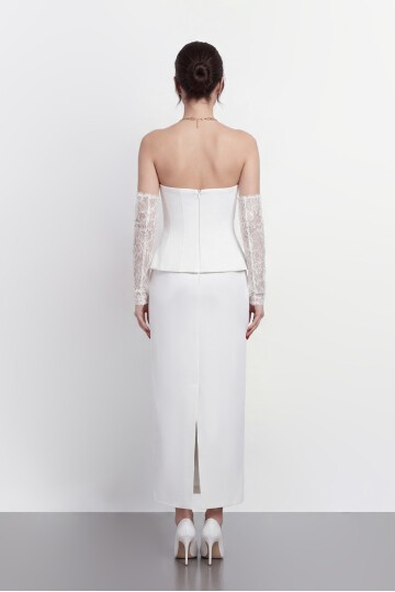 Dantel Eldiven Detaylı Straplez Korsaj Midi Abiye - 2116