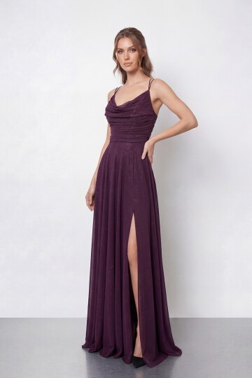 Dökümlü Yaka ve Yırtmaç Detaylı Işıltılı Uzun Abiye - 2042