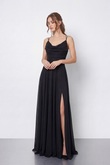 Dökümlü Yaka ve Yırtmaç Detaylı Işıltılı Uzun Abiye - 2042