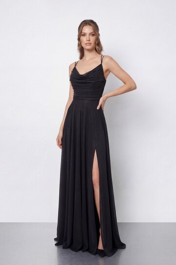 Dökümlü Yaka ve Yırtmaç Detaylı Işıltılı Uzun Abiye - 2042