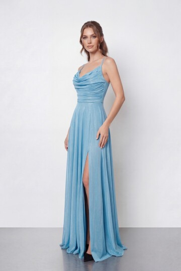 Dökümlü Yaka ve Yırtmaç Detaylı Işıltılı Uzun Abiye - 2042