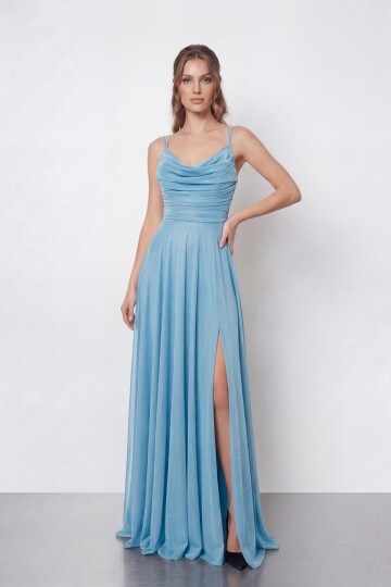 Dökümlü Yaka ve Yırtmaç Detaylı Işıltılı Uzun Abiye - 2042