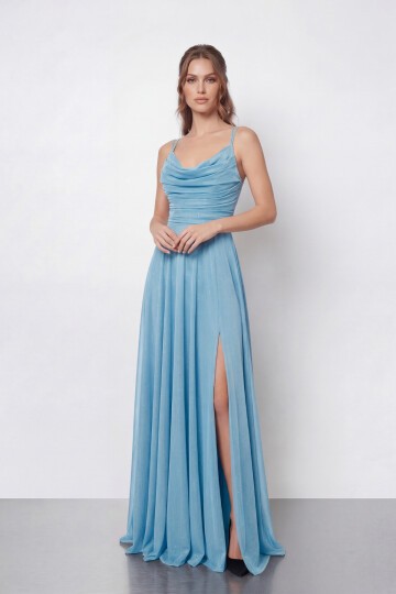 Dökümlü Yaka ve Yırtmaç Detaylı Işıltılı Uzun Abiye - 2042