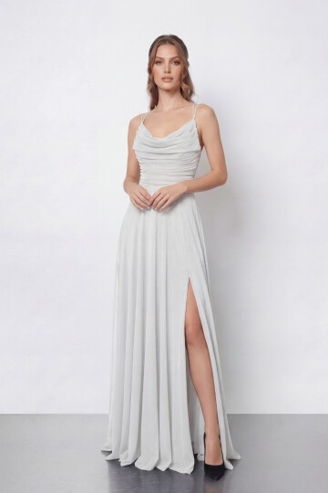 Dökümlü Yaka ve Yırtmaç Detaylı Işıltılı Uzun Abiye - 2042