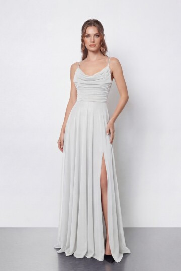 Dökümlü Yaka ve Yırtmaç Detaylı Işıltılı Uzun Abiye - 2042