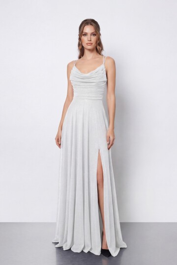 Dökümlü Yaka ve Yırtmaç Detaylı Işıltılı Uzun Abiye - 2042