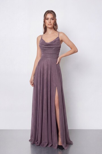 Dökümlü Yaka ve Yırtmaç Detaylı Işıltılı Uzun Abiye - 2042