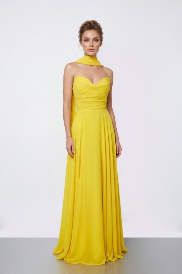 Drapeli Straplez Şifon Uzun Abiye - 2051