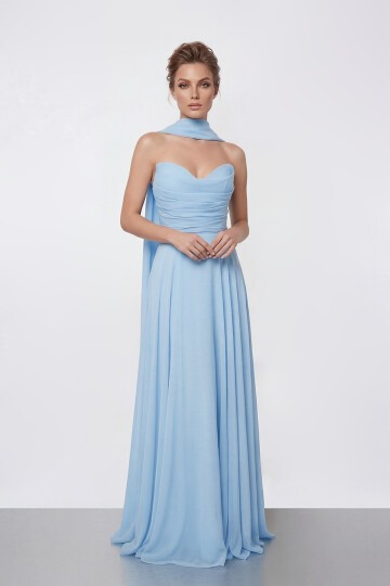 Drapeli Straplez Şifon Uzun Abiye - 2051