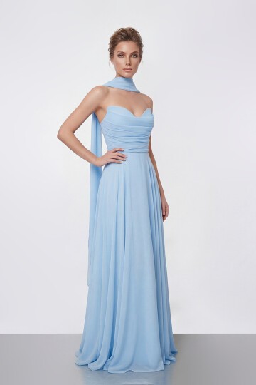 Drapeli Straplez Şifon Uzun Abiye - 2051