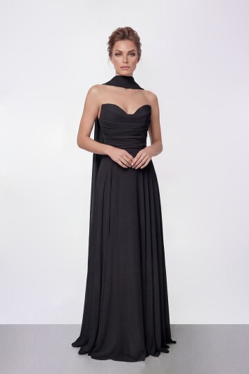 Drapeli Straplez Şifon Uzun Abiye - 2051