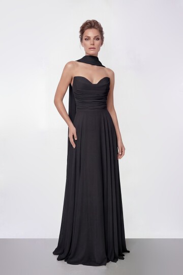 Drapeli Straplez Şifon Uzun Abiye - 2051