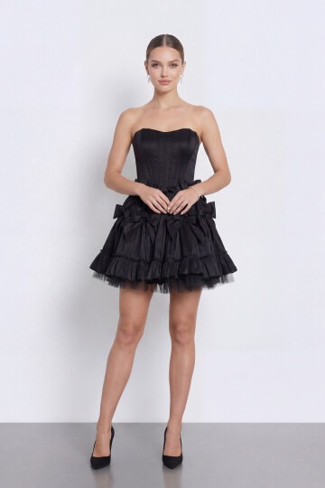 Fiyonk İşlemeli Straplez Korseli Mini Abiye - 2144