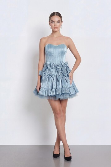 Fiyonk İşlemeli Straplez Korseli Mini Abiye - 2144