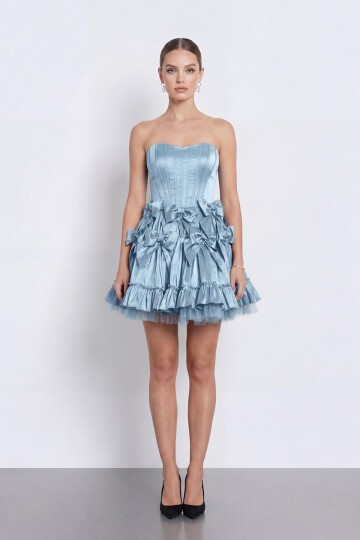 Fiyonk İşlemeli Straplez Korseli Mini Abiye - 2144