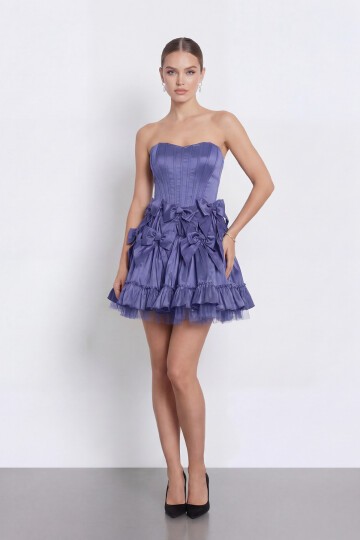 Fiyonk İşlemeli Straplez Korseli Mini Abiye - 2144