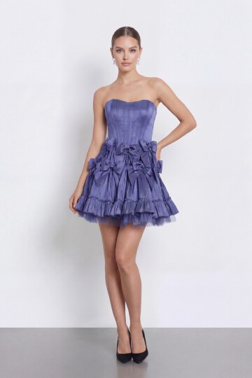 Fiyonk İşlemeli Straplez Korseli Mini Abiye - 2144