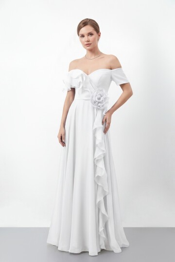 Gül Detaylı Volanlı Şifon Uzun Abiye - 1996