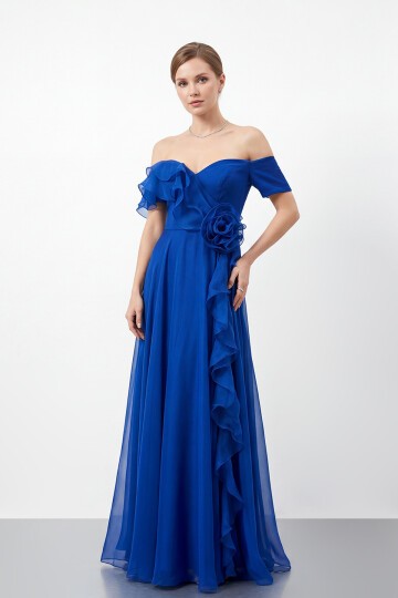 Gül Detaylı Volanlı Şifon Uzun Abiye - 1996