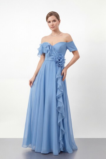 Gül Detaylı Volanlı Şifon Uzun Abiye - 1996