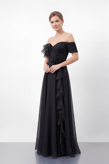 Gül Detaylı Volanlı Şifon Uzun Abiye - 1996