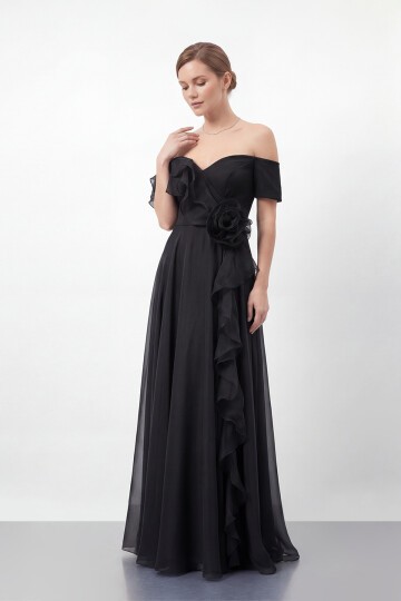 Gül Detaylı Volanlı Şifon Uzun Abiye - 1996