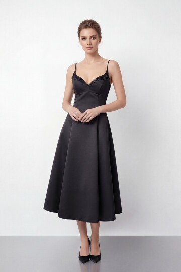 İnce Askılı Taş İşlemeli Midi Abiye  - 2048