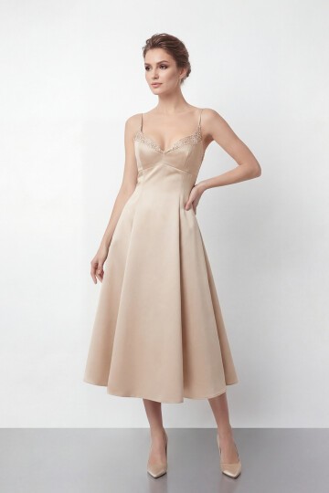 İnce Askılı Taş İşlemeli Midi Abiye  - 2048