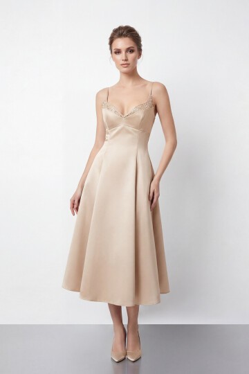 İnce Askılı Taş İşlemeli Midi Abiye  - 2048