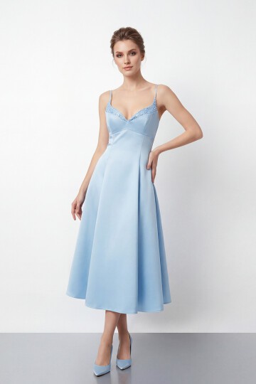 İnce Askılı Taş İşlemeli Midi Abiye  - 2048